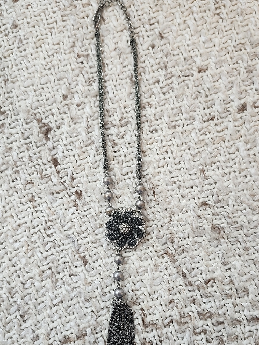 Authentic Givenchy Gunmetal Tone Floral Pendant Tassel Necklace Excellent